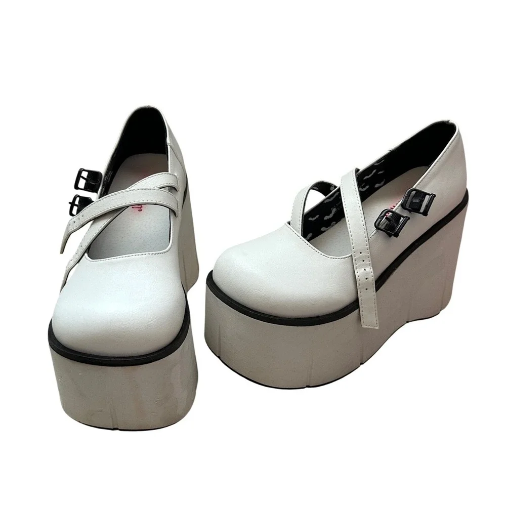 Demonia Kera-08 White Platform Mary Jane Wedge Bat Print Goth Shoes Womens 8